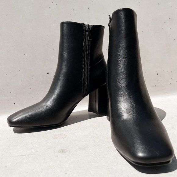 NEW Black Faux Leather Sleek Slim Square Toe Block Heel Ankle Boots Bootie Shoes - Picture 12 of 13